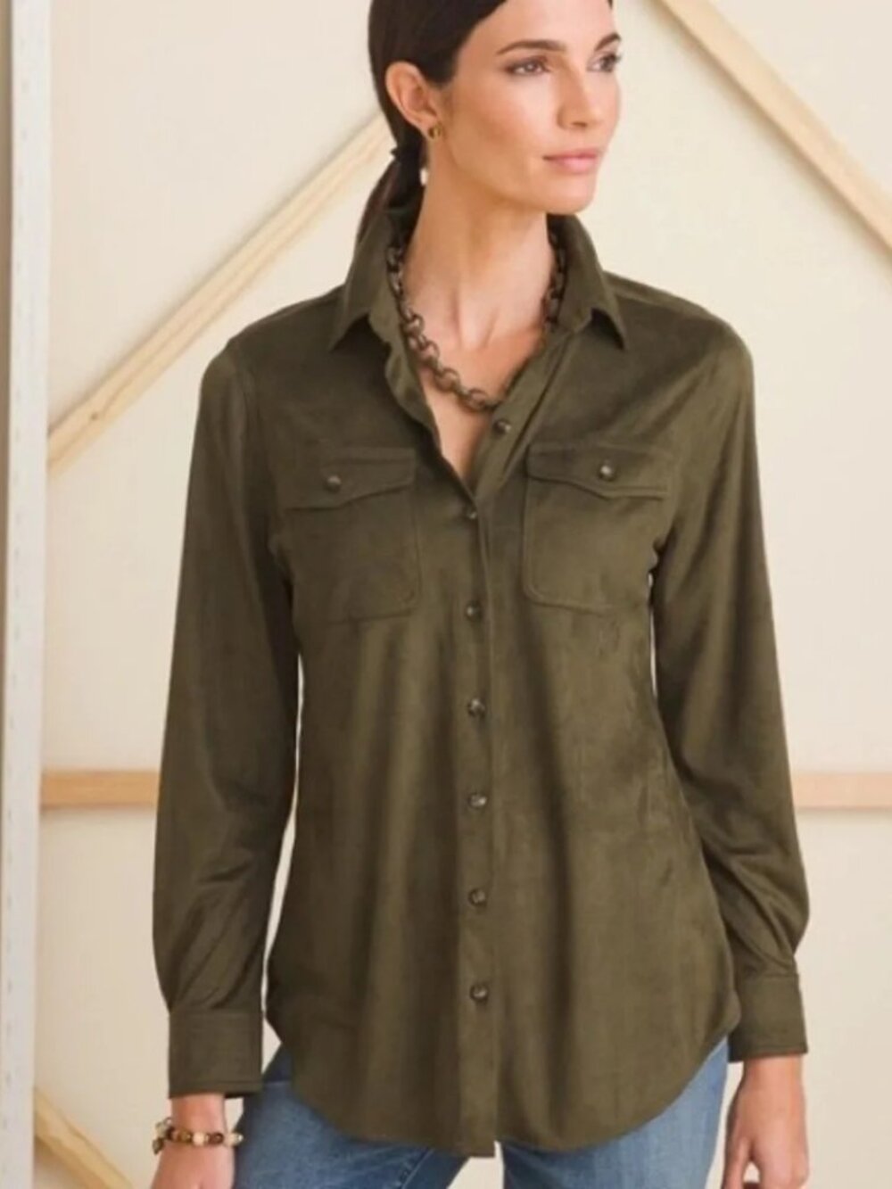Chico's Olive Green Faux Suede Long-Sleeve Button-Down Shirt Medium